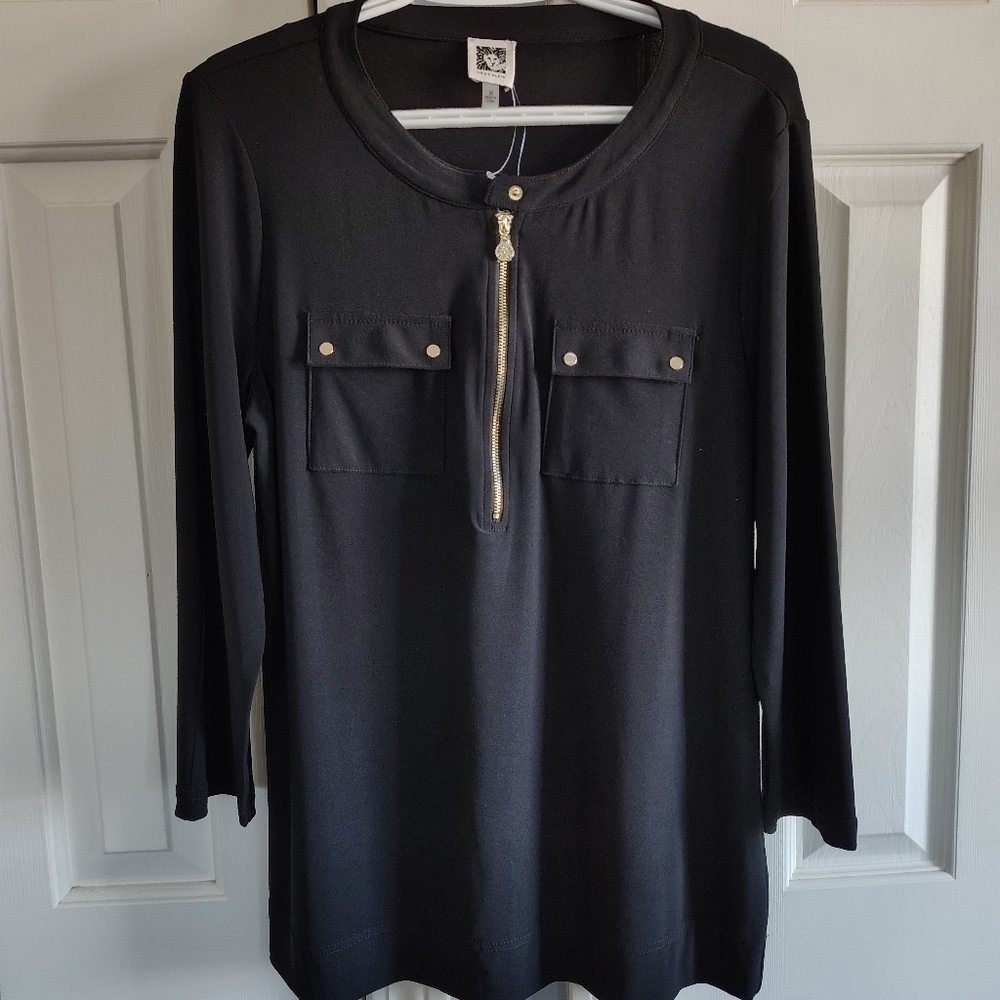 Anne Klein Black Knit Gold Zip Top Blouse M - Picture 1 of 9